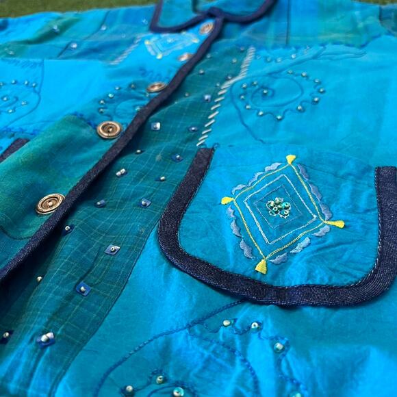 Handmade Reversible blue denim patchwork quilt beaded sequin embroider jacket XL - Picture 3 of 5